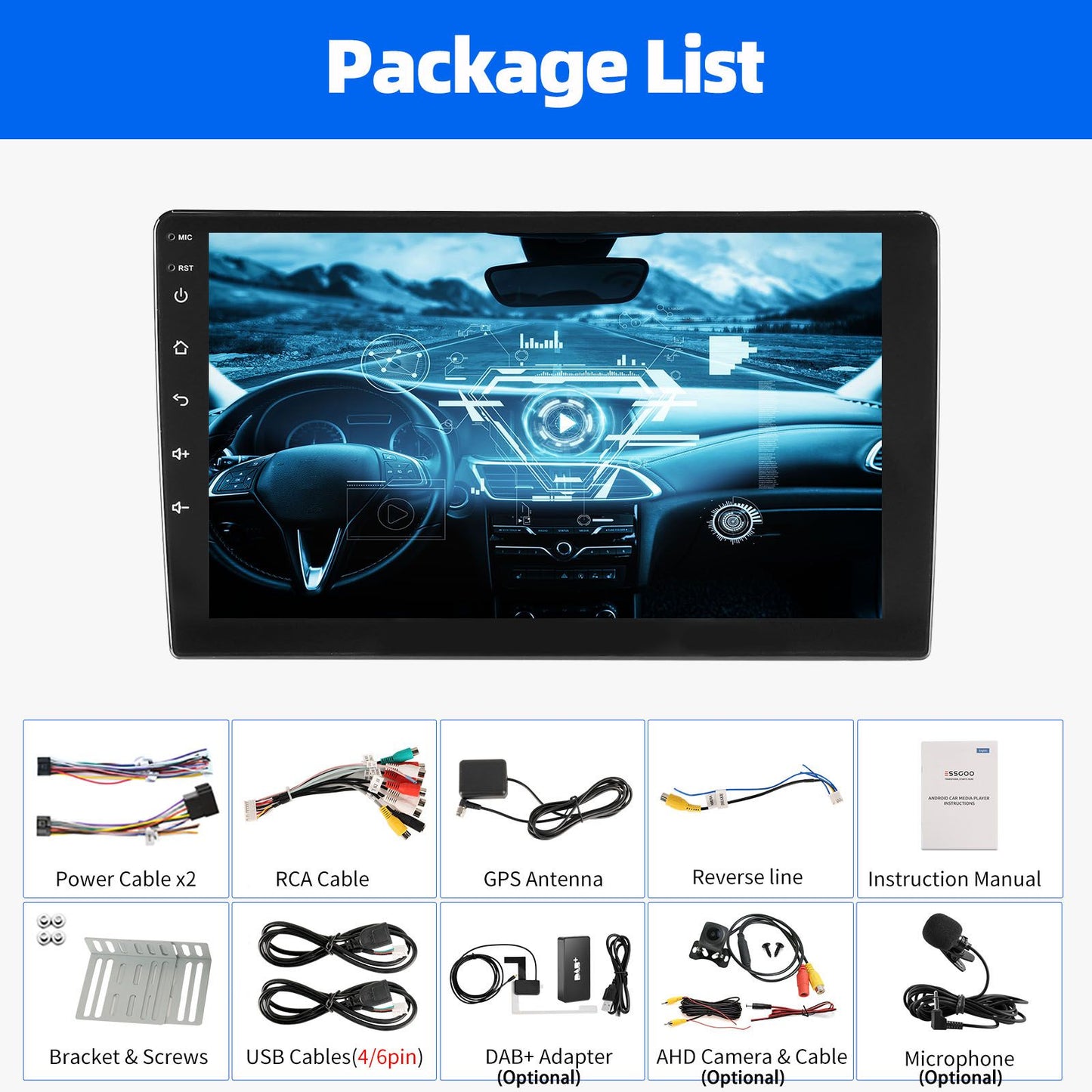 ESSGOO Rádio Estéreo Automotivo 9 polegadas 2 DIN Sem Fio CarPlay Android Auto Bluetooth 64G GPS Navegação RDS WiFi USB FM DAB+CÂMERA
