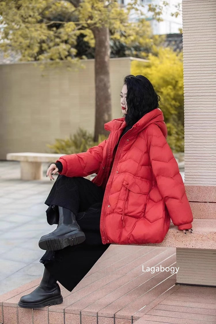 Lagabogy 2025 Women Autumn Winter Vintage Style Loose Casual Mid-Long Hooded Warm Puffer Coat Female 90% White Duck Down Jacket