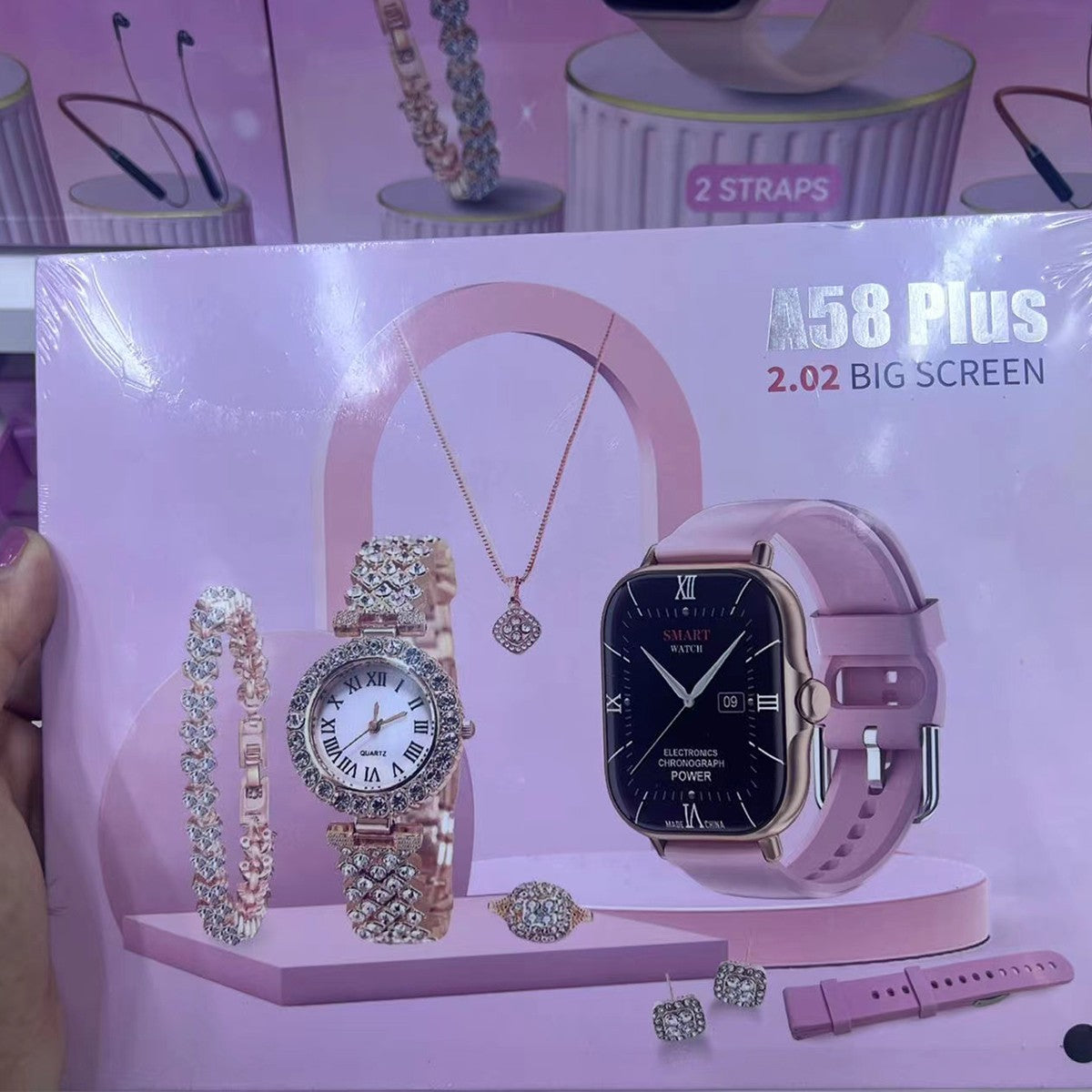 Fashion Smart Watch Gift Box Set + Diamond Quartz Watch + Necklace + Earrings + Ring + Bracelet