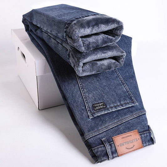 Calça Jeans Masculina Forrada de Lã, Grossa e Quente, Reta, Slim, Elástica, Casual, Masculina, Moda, Pelúcia