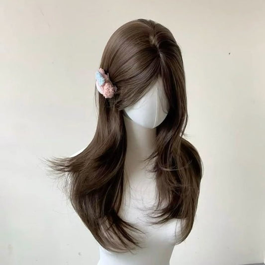 Ashely Dark Purple Wig Female 22inch Long Hair Curtain Bangs Layered Nature Straight Hair Cosplay Synthetic Wigs Lolita Perruque