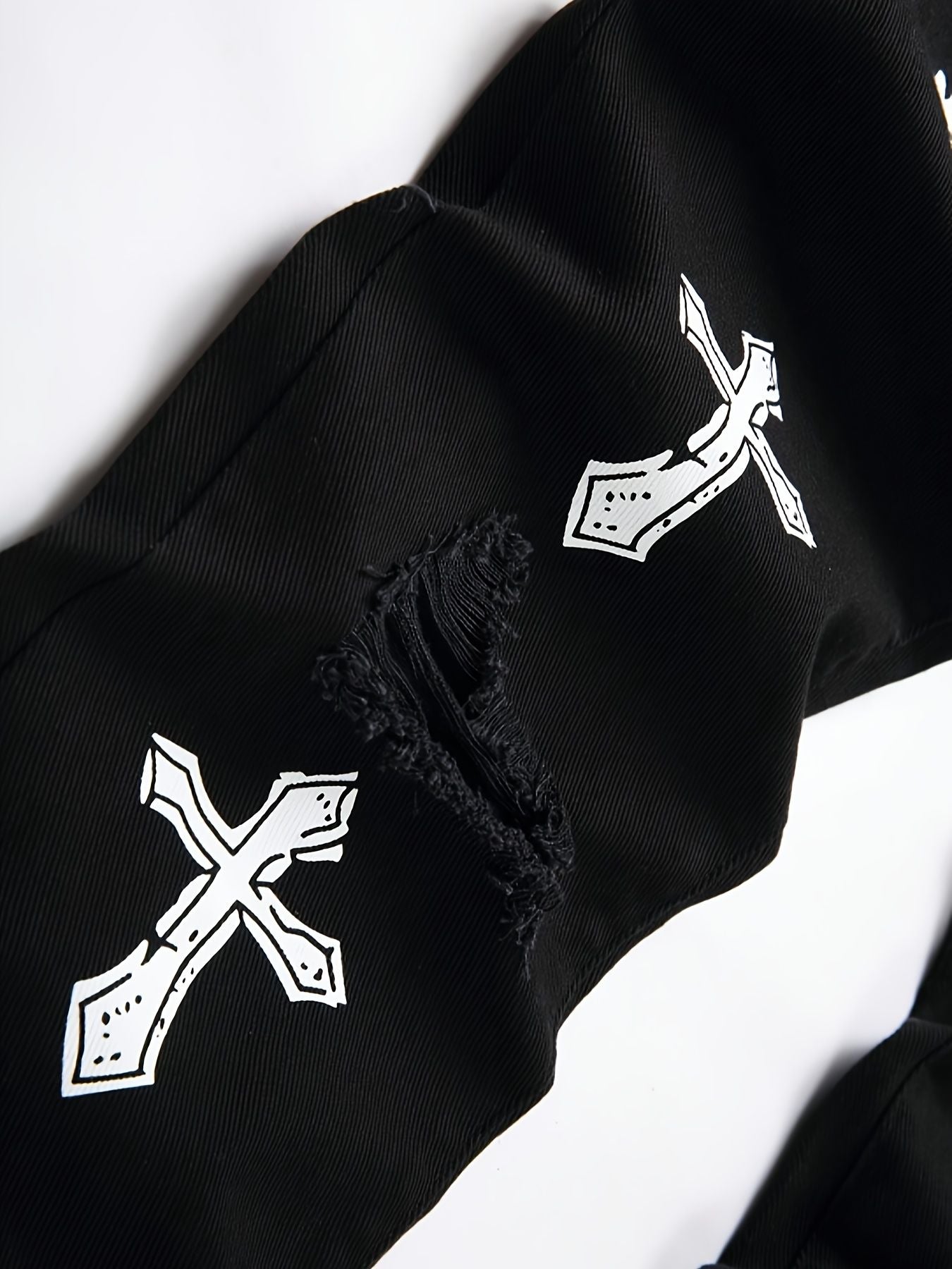 High street black youth cross print elastic hole patch tight jeans for men