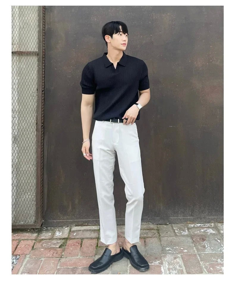 Trendy Polo Shirt For Men Summer Solid Color Top Versatile Knit Style Korean Short Sleeves Casual Fashion T-shirt