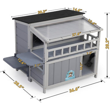 Casa de Gatos Isolada, Abrigo Quente de Madeira para Gatos com Teto Solar, Varanda, Plataformas de Salto, Recinto para Gatos de Estimação