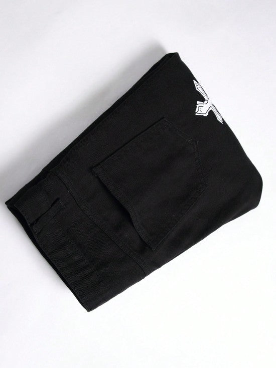 High street black youth cross print elastic hole patch tight jeans for men