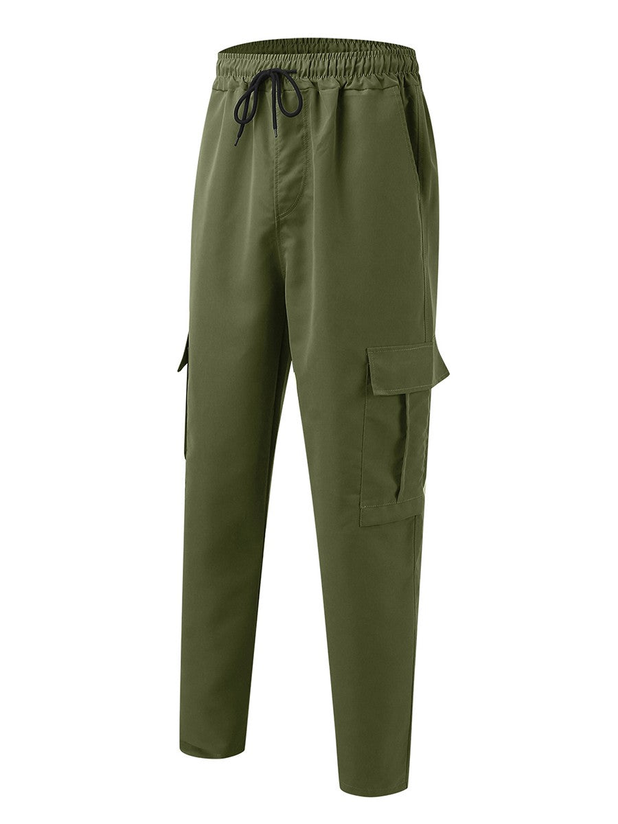 Men s Loose Cargo Long Pants Solid Color Drawstring Waist Straight Leg Trousers Casual Work Pants with Pockets
