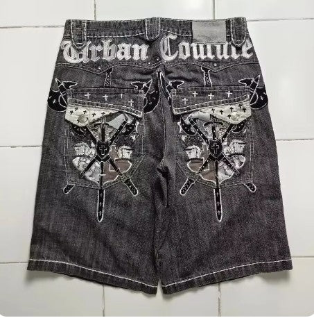High Quality Street Y2K Retro Denim Shorts Shinjuku Hip Hop Pocket Loose Denim Shorts For Men and Women In Summer Gothic Shorts