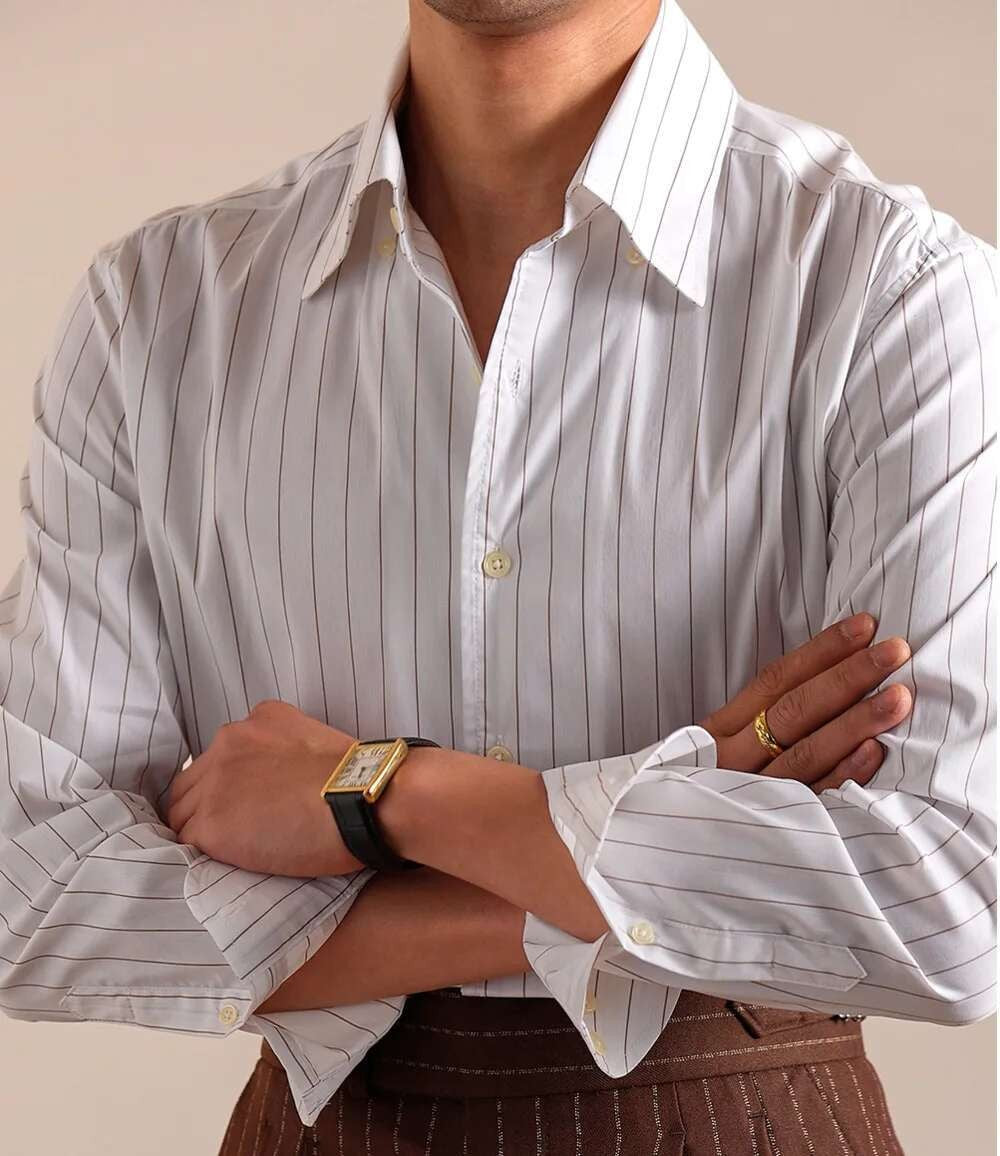 Cotton Blend Striped Casual Italian Style One Piece Collar Long Sleeved Shirt Men High Count Cotton Gentleman Business Shirt Men