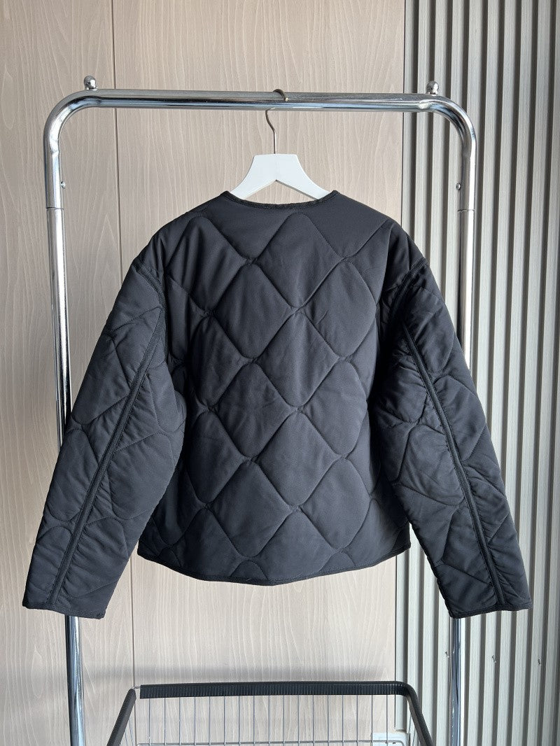 ETJ 2025 TRAF Spring new women's vintage crewneck quilted cotton-padded loose version of quilted casual jacket