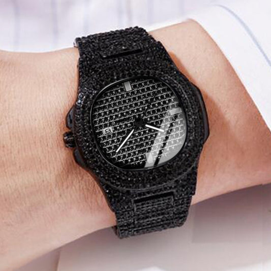 1pcs Fashion Business Calendar Men's Full Diamond Black Steel Band Quartz Watch