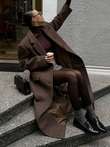 Women Elegant Shoulder Pad Wool Blend Overcoat Brown Lapel Single-breasted Long Sleeve Coat 2025 Autumn Lady Commuter Outerwear