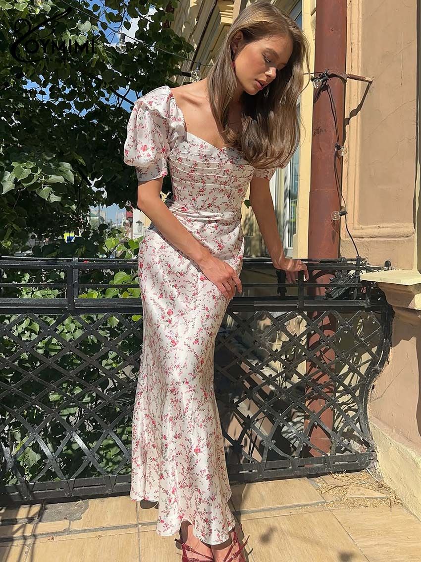 Oymimi Fashion White Print Dresses 2025 Woman Elegant Ruffled Short Sleeve Pleated Dress Casual Slim Straight Ankle-Length Dress