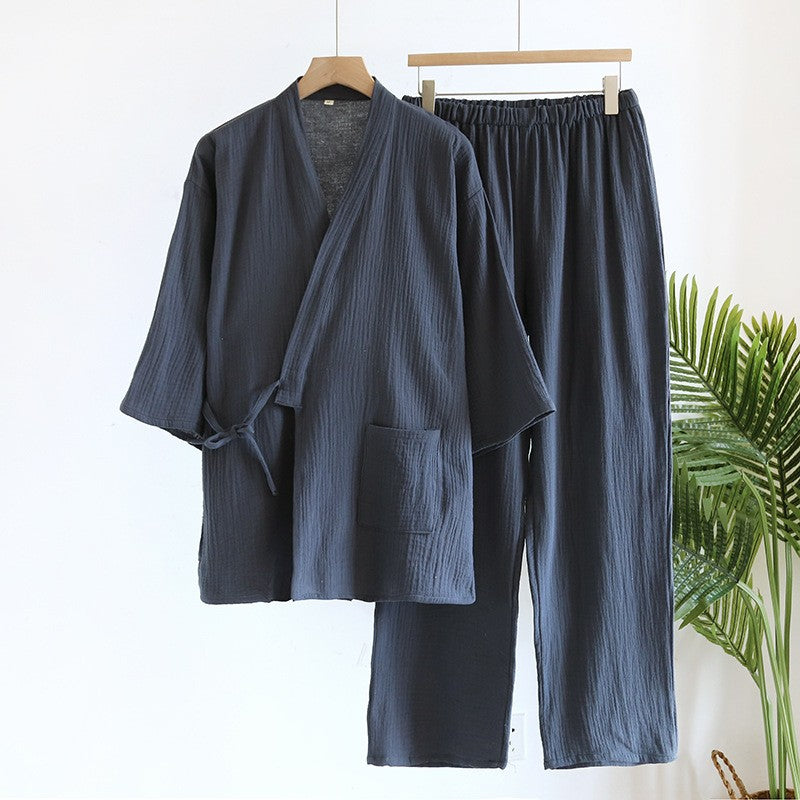 Large Size Kimono Robes with Pocket and Long Pants 2 Pcs Pajamas Set for Men Sleepwear Clothes Cotton Pjamas for Men