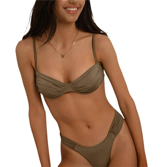 Women Padded Bikini Set Solid Color Pleated Sleeveless Bra+ Shorts Briefs Bikini For Women
