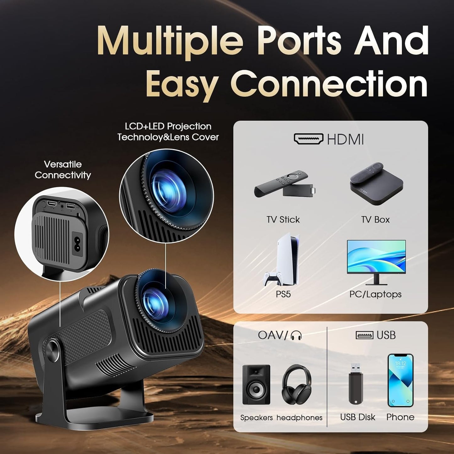 KaiAqua Mini Projetor HY320 NTV Android 13 com Amlogic S950D4 1080P 500 ANSI Lumens, WiFi Duplo, BT5.2 e Comando por Voz para Home Theater