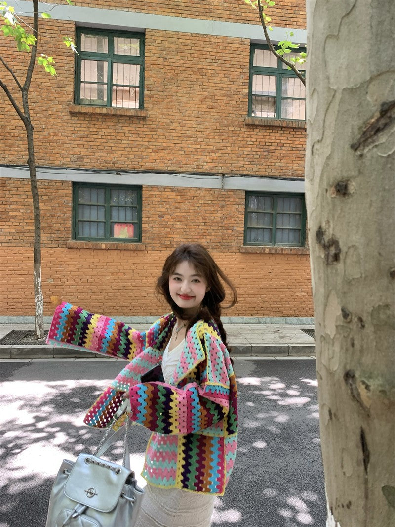 SALIENCY Colorful Crochet Knit Hollow Cardigan Sweater Jacket Women Spring Top Loose Short Knitwear