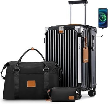 Carry-On Luggage 20 with Expandable Capacity, Cup Holder, USB Port, Anti-Slip Wheels, and Handle for Smart Travel