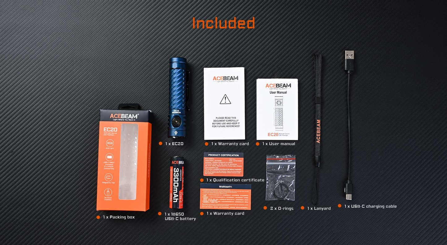 ACEBEAM EC20 EDC Flashlight 18650 USB C Rechargeable Torch 519A High CRI LED 2800 Lumens 340 Meters Multi-color Auxiliary Light