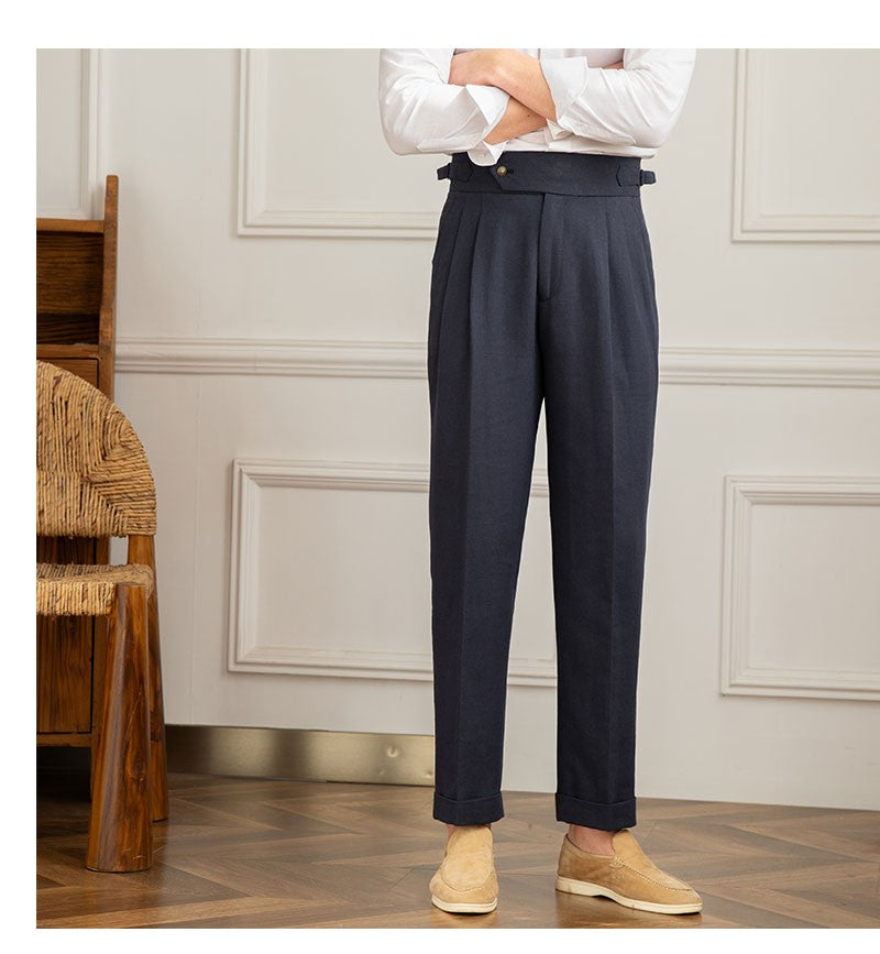 Three Gentleman Summer Naples Casual Straight Pants Men's Commuting Cotton and Linen Comfortable Breathable High Waist Pants