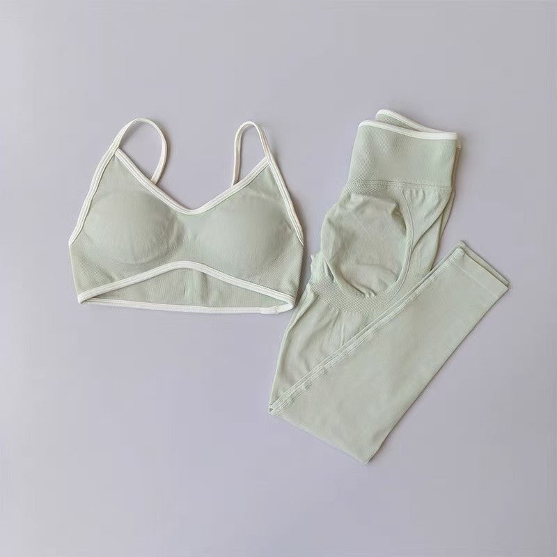 Women's Fitness Suit, Strappy Contrast Color Patchwork Sports Shockproof Slimming Quick-Dry Nude Feel Pants, Yoga Wear