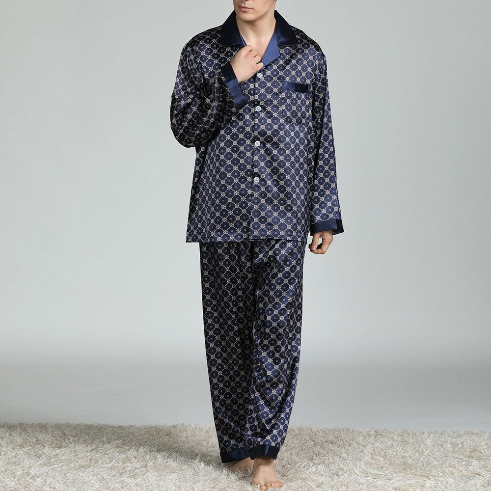 Mens Satin Silk Pajama Sets Sleepwear Casual Nightgown Loose Loungewear Pajamas Pijamas Autumn New Print Nightwear Homewear