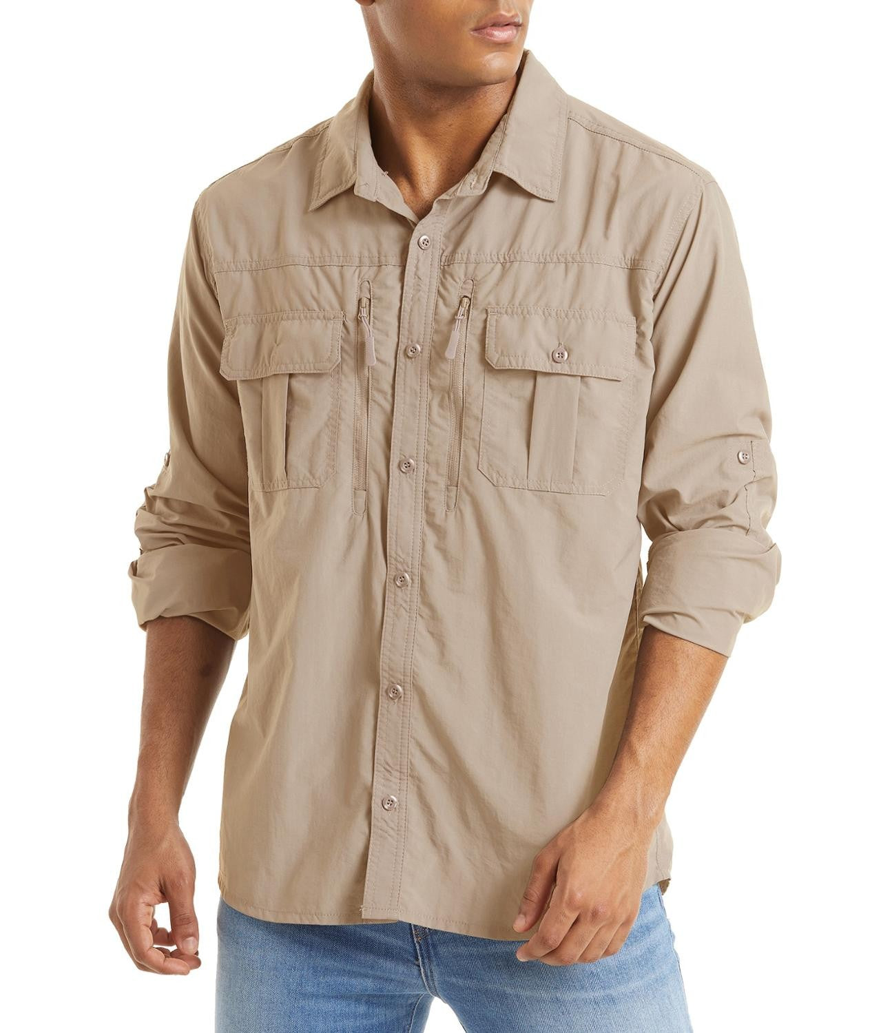 TACVASEN With 2 Chest Zipper Pockets Cargo Shirt Men's Quick Drying Skin Protective Long Sleeve Work Shirt Male Tops Outdoor