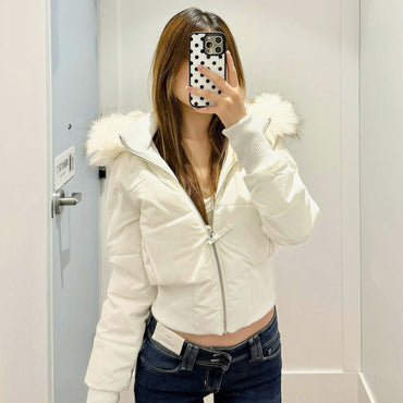 Fashion Women's Cotton Jacket Fur Collar Zipper Slim Waist Pocket Warm Thicken Coat Autumn Winter Hooded Jacket Lady Outwears