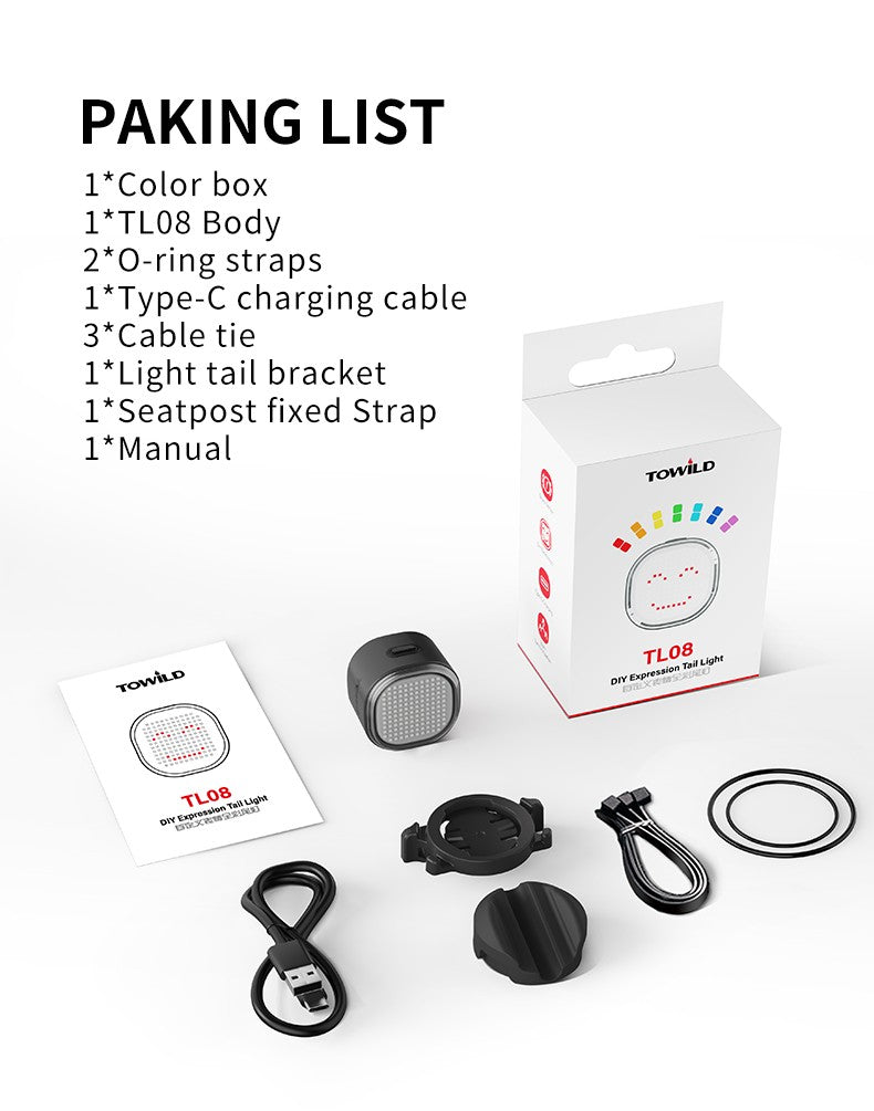 TOWILD TL08 Luz traseira com expressão inteligente 140 LEDs Sensor de frenagem Bluetooth Luz traseira de bicicleta personalizável