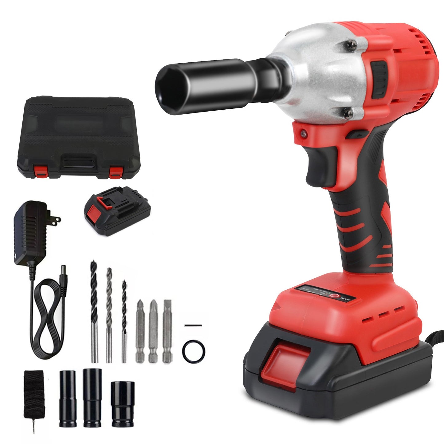 Chave de Impacto Sem Fio 1000 N.m (740 ft-lbs) Brushless Elétrica de Alto Torque com Baterias de 1500 mAh 20 V Carregador Rápido para Carro e Caminhão