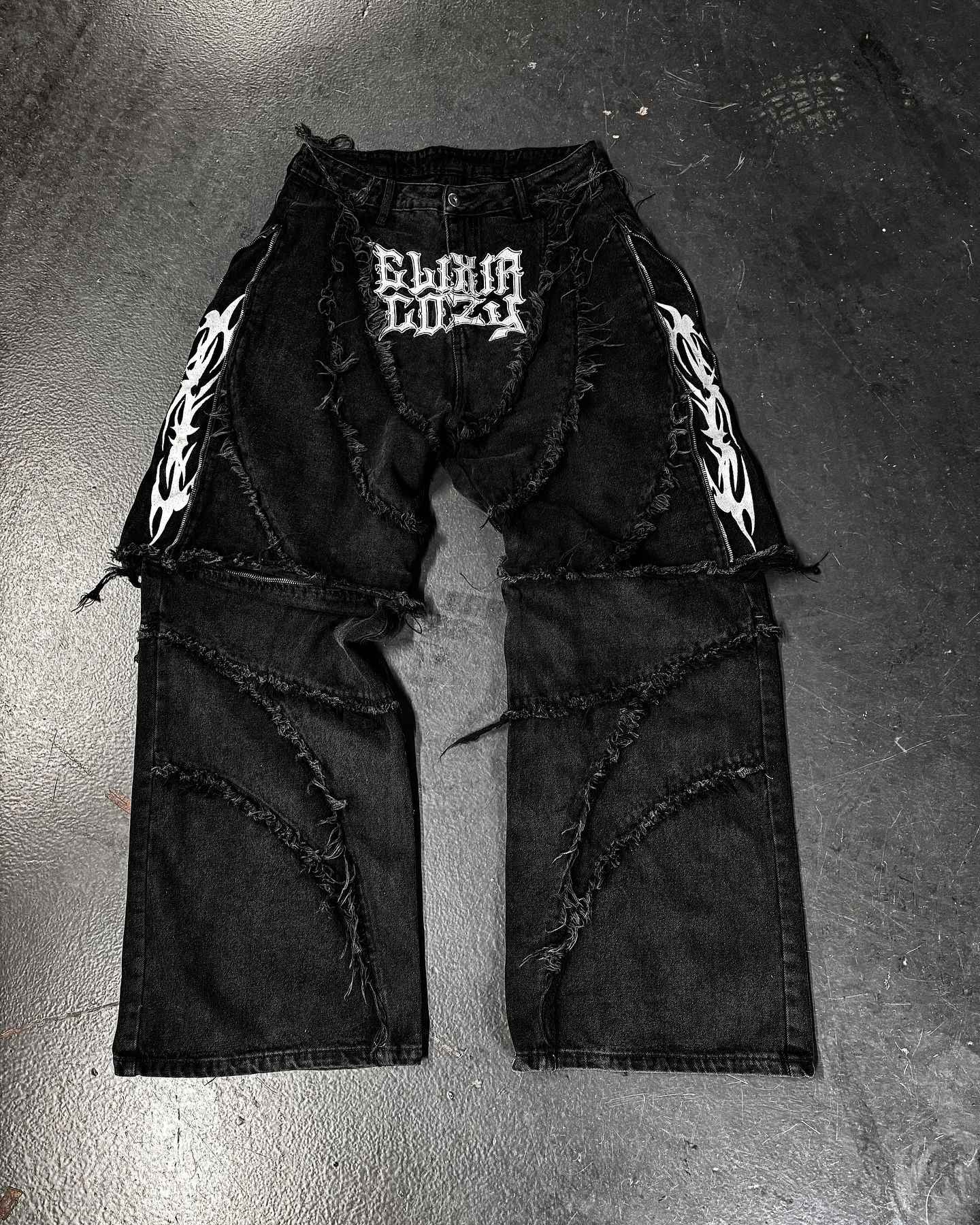 Elixir X Cozy Detachable Jeans Retro Punk Streetwear Ziipper Patchwork Stripe Denim Pants Men Black Baggy Hip Hop Splicing Jeans