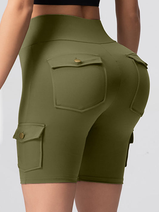 Multi-Pocket Solid Color Women Shorts Butt Lifting Multi-Pocket Workwear 5-Port Pants Elastic Slim Fitness Tights Cycling Short