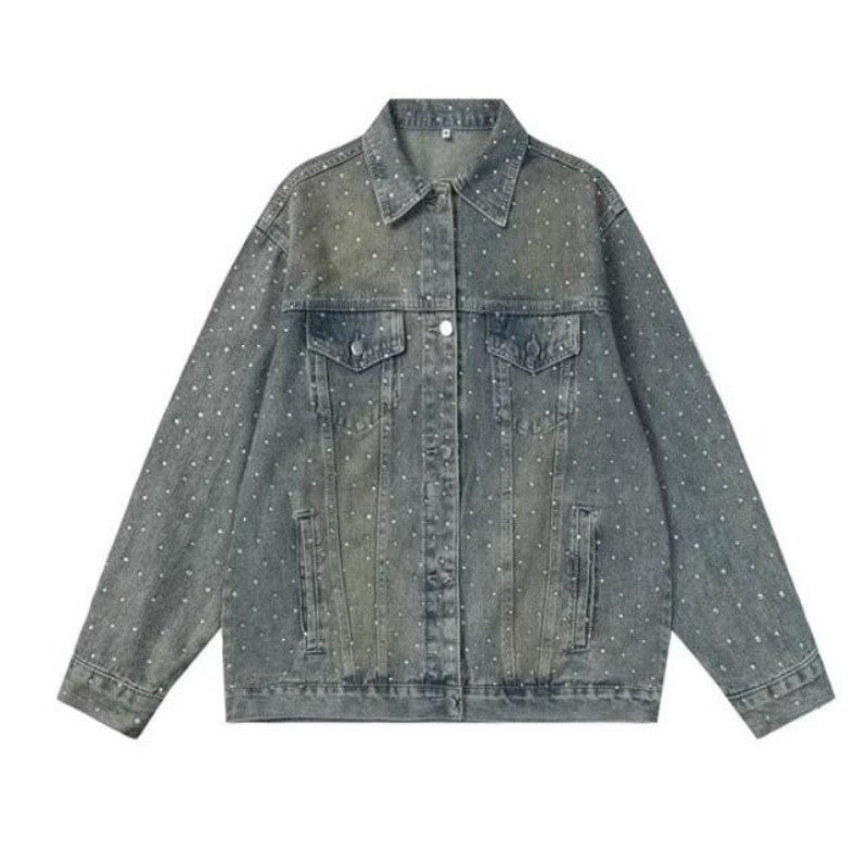 American Trendy Denim Jacket Mens Make Old Flash Diamond Fashion Outwear Spring Single-breasted Street Couple Cowboy Coats