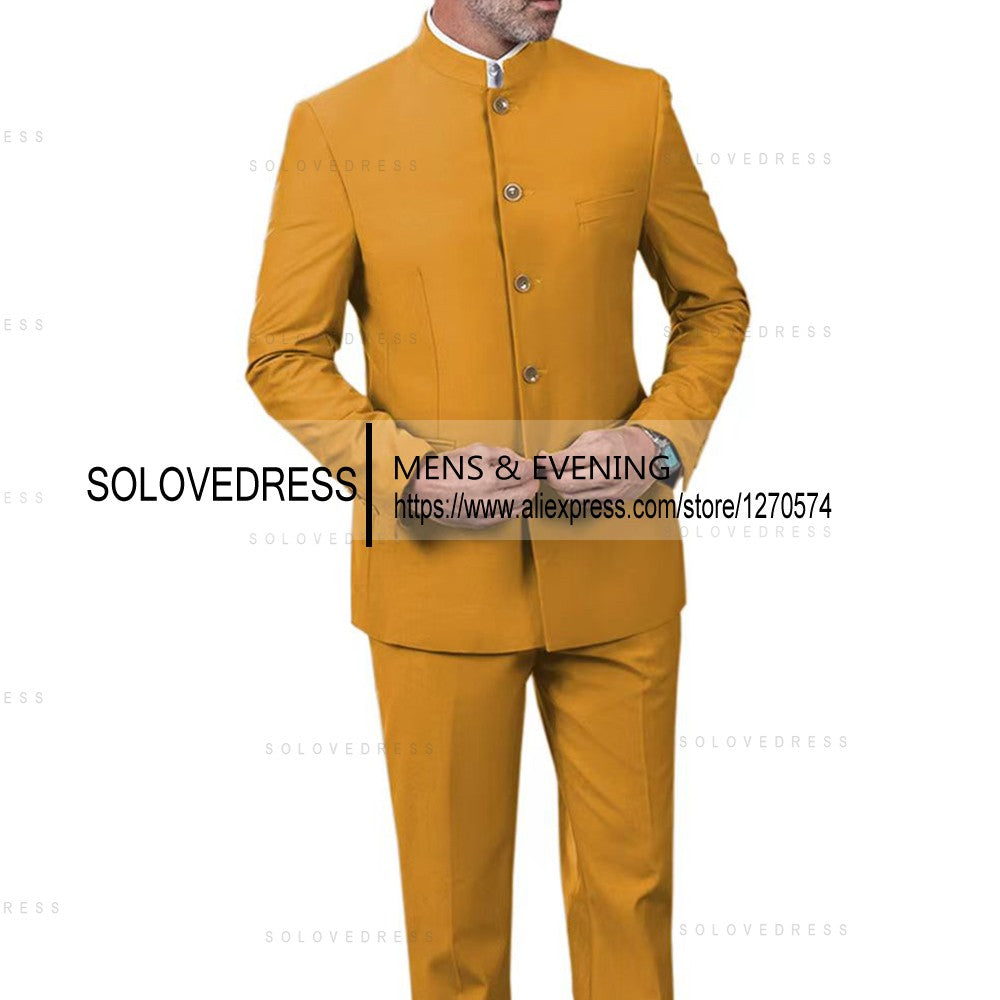 Classic 2 Piece Men's Slim Fit Solid Color Stand Collar Wedding Suit (Blazer+Pants?