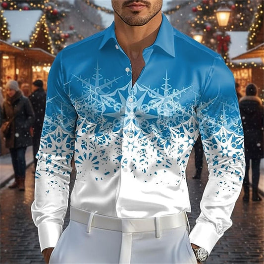 Fashionable 3D printed Christmas deer design style men's long sleeved shirt slim fit lapel button casual party plus men's shirt