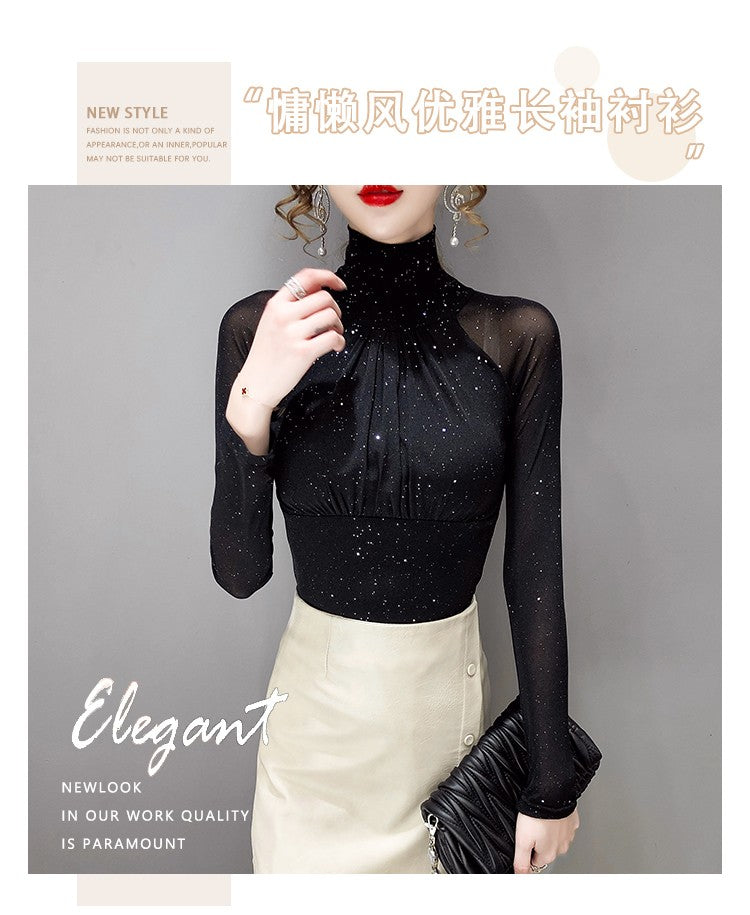 Korean fashion Women Mesh top High neck Sexy Black bottoming t shirt Casual Bright silk Lady shirt Blusa