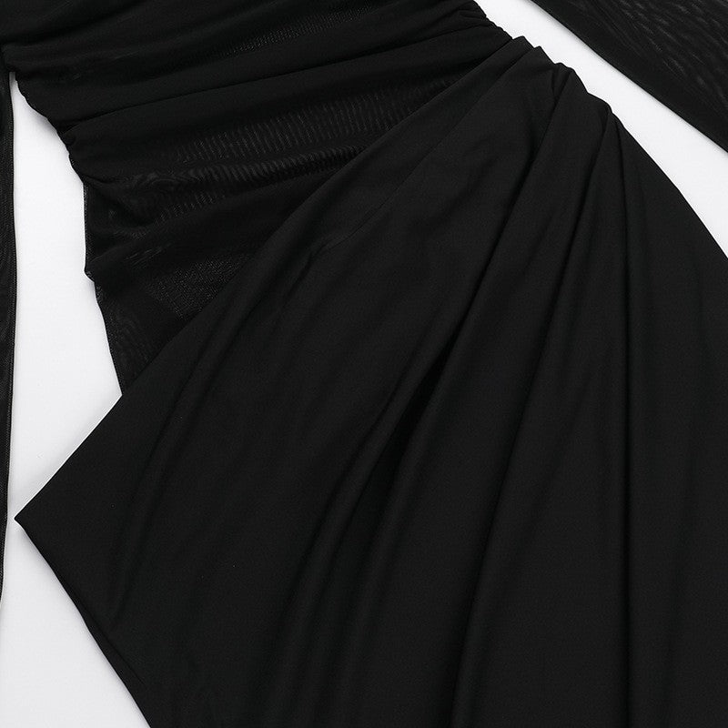 Y2k Summer New Solid Color Long Sleeve Off Shoulder Dresses Sexy Wrap Hip Mesh S