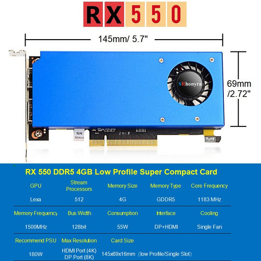 SRhonyra RX550 4GB GDDR5 128bit Low Profile Graphics Card,HDMI+DP Output,PCIe 3.0, 4/8K Desktop GPU for Office/Light Gaming