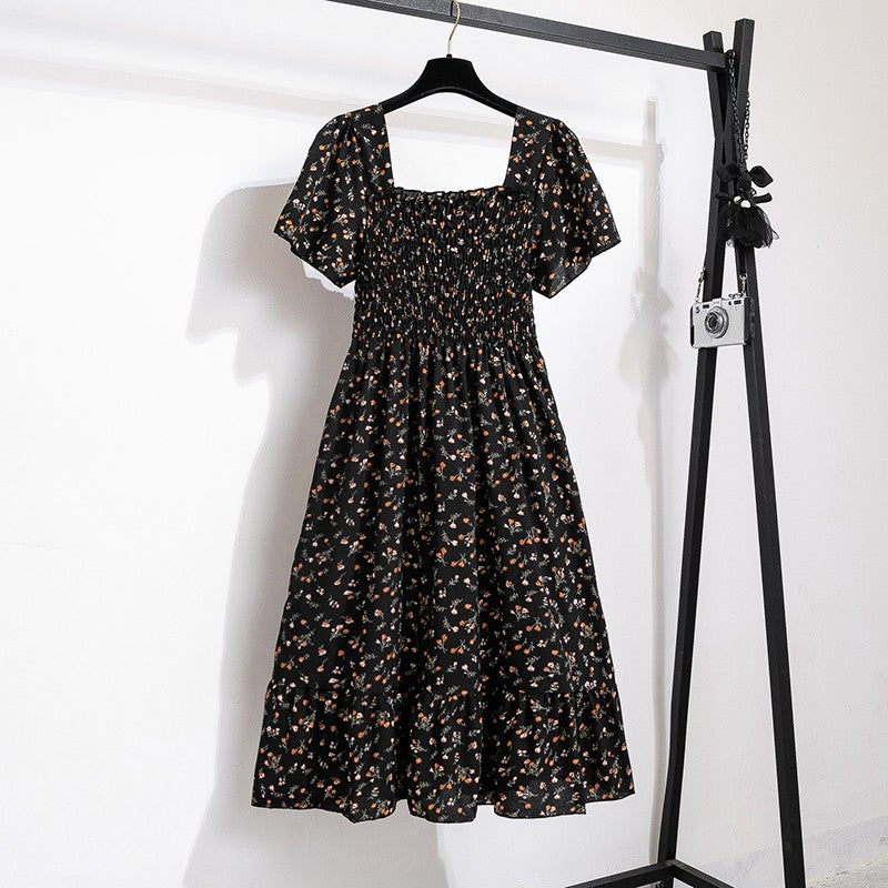 Spring Summer Chiffon Dress Women Midi DressesFemale Short Sleeve Elastic Waist