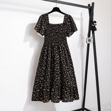 Spring Summer Chiffon Dress Women Midi DressesFemale Short Sleeve Elastic Waist