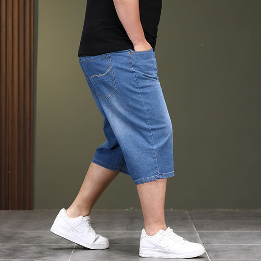New Big Size Long Length Men's Shorts Loose Stretch Jean Bermuda Male Thin 3/4 Capris Summer Light Large Plus Fat Denim Breeches