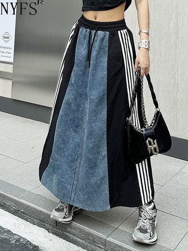 NYFS 2025 Spring Summer New Vintage Woman Skirt Loose Plus Size High Waist Patchwork Denim Long Skirts Faldas Mujer Saias