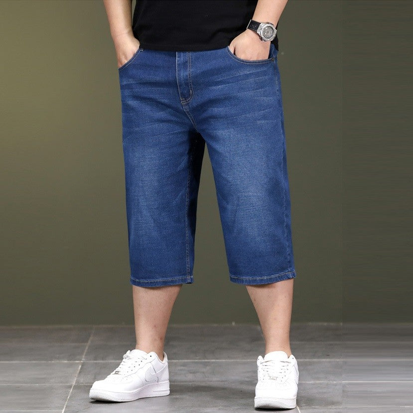 New Big Size Long Length Men's Shorts Loose Stretch Jean Bermuda Male Thin 3/4 Capris Summer Light Large Plus Fat Denim Breeches
