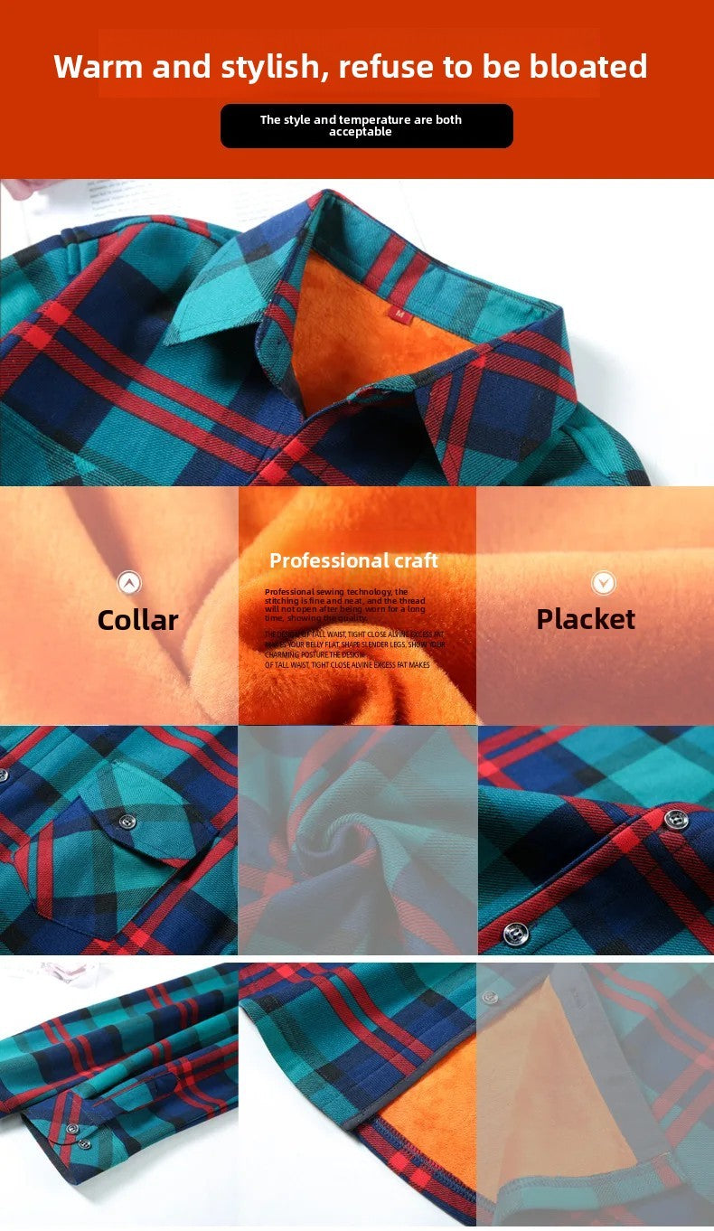 Thickened Fleece Women's Casual Shirt Korean Style All-Match Slim Fit Warm Plaid Elastic Large Size Button down Coat