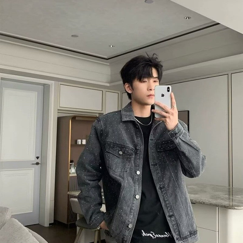 American Trendy Denim Jacket Mens Make Old Flash Diamond Fashion Outwear Spring Single-breasted Street Couple Cowboy Coats