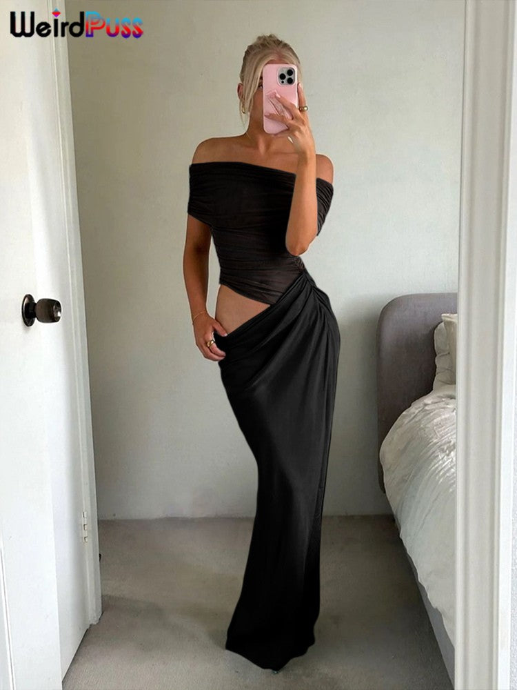 Weird Puss Ruched Irregular Dress Women Mesh Patchwork Slash Neck Short Sleeve S