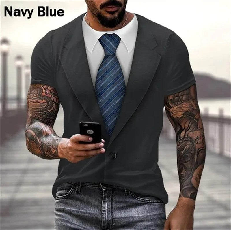 Mens Summer Fashion 3D Printed T-shirts Funny Fake Suit Cosplay Short Sleeve Cas