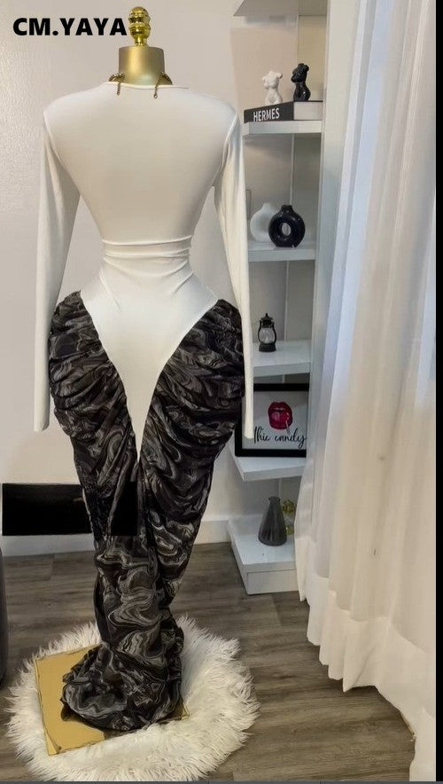 CM.YAYA Women Print Patchwork Stacked Ruched Long Sleeve Bodycon Midi Maxi Long