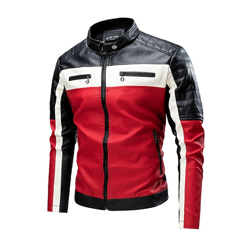 2025 New Color Blocked Stand Up Collar PU Leather Motorcycle Bike Jackets for Men,multi-color Spring Autumn Thin Casual PU Coat