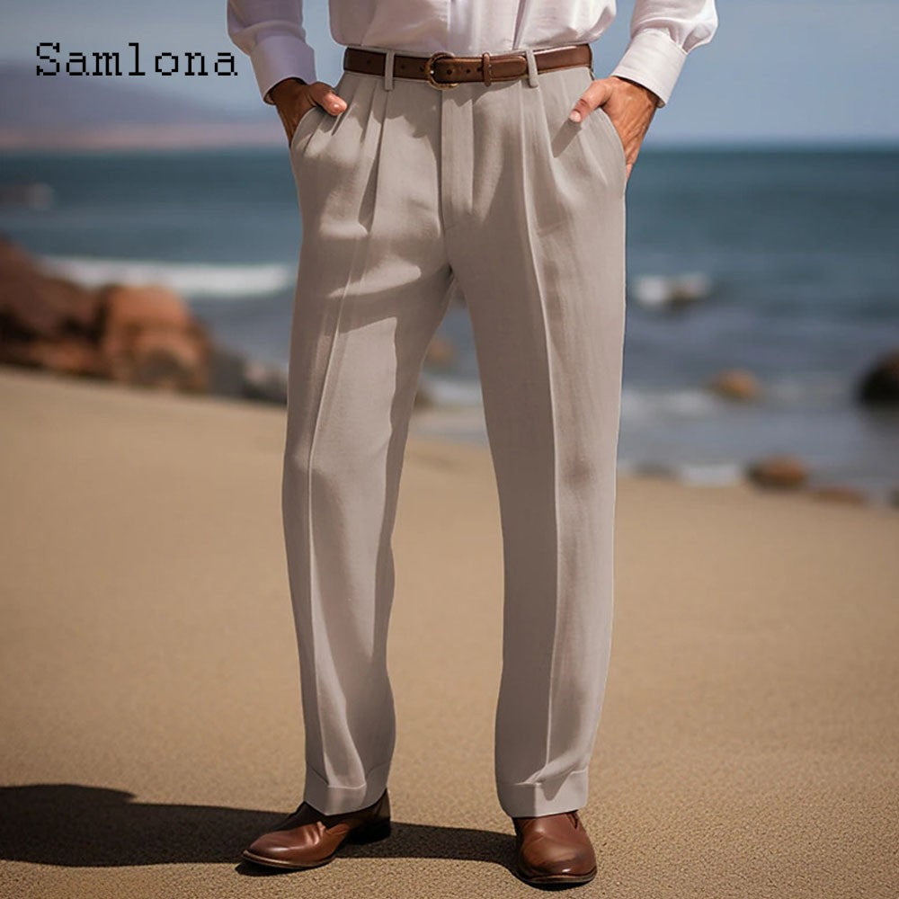 Men's Stand Pocket Casual Cotton Linen Pants White Soft Beach Trousers 2025 American and European Fashion Style Basic Suit Pants
