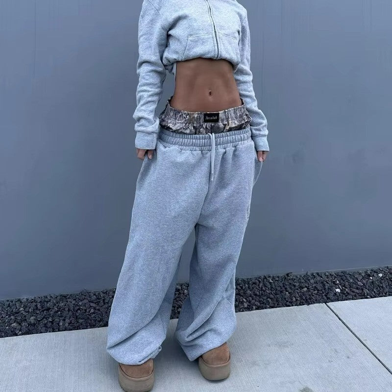 Y2K Casual Sweatpants Double Waist Checkered Camouflage Striped Side Splicing Wide Leg Pants American Style Trendy Streetwear